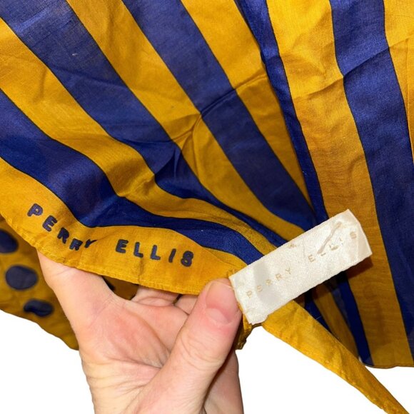 Perry Ellis vintage gold navy blue polka dot stripes scarf 16x64 - Picture 2 of 3